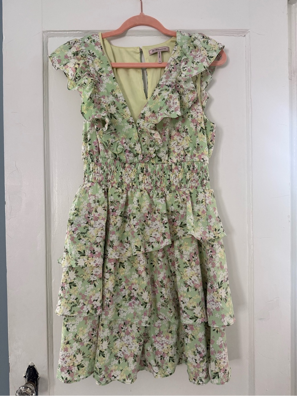 BCBGeneration Light Green Floral Ruffle Tiered Dress